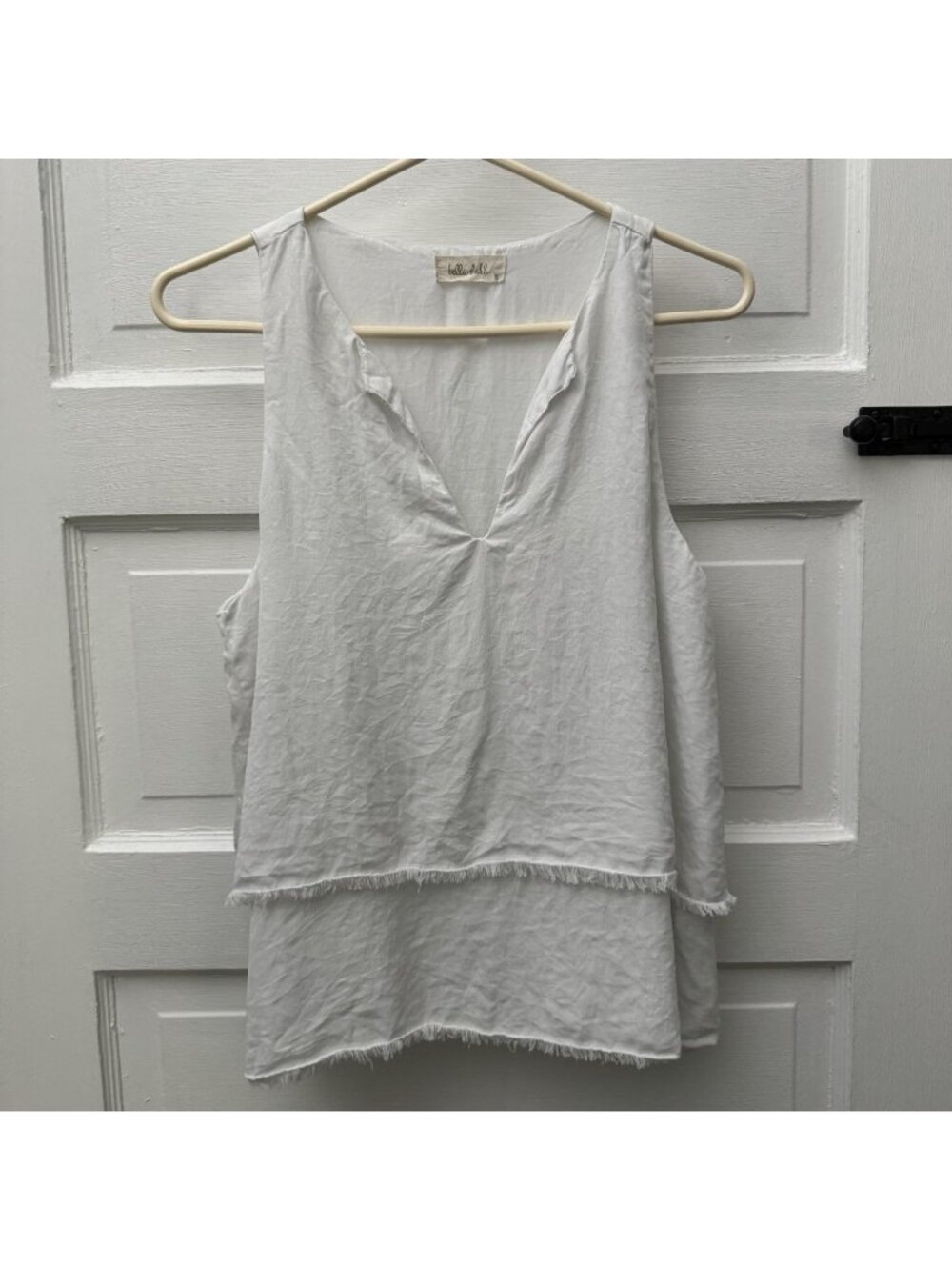 Bella Dahl White Tencel Layered Frayed Hem V Neck Sleeveless Top Small USA